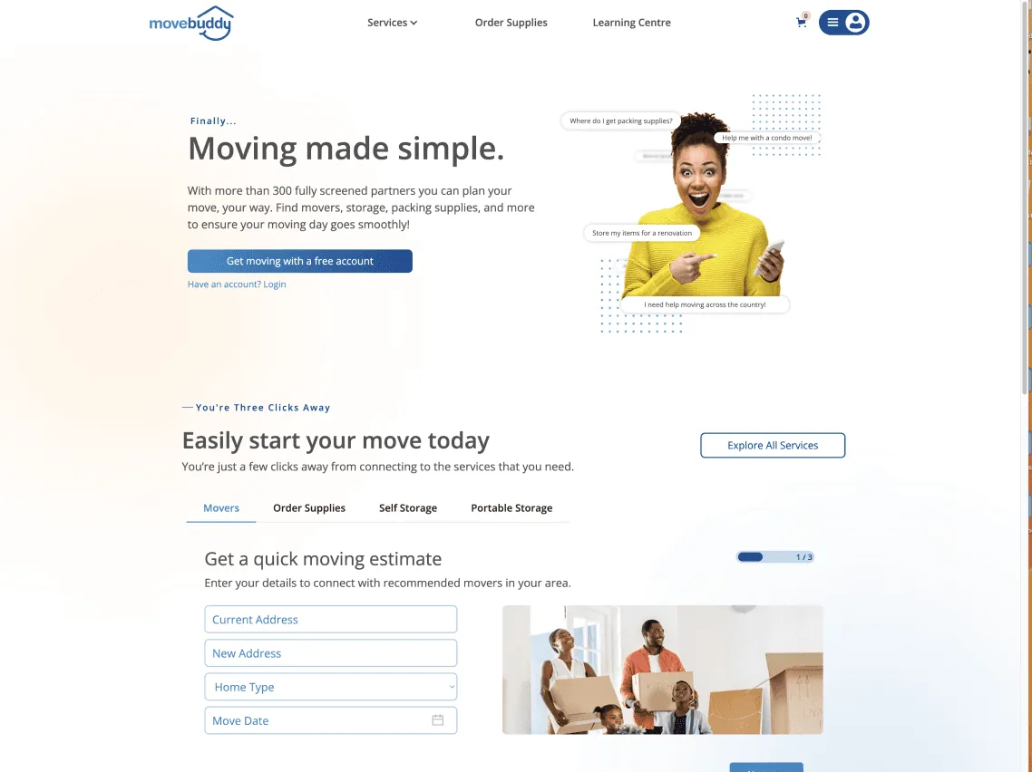 The redesigned Movebuddy homepage: 'Moving made simple', a single Get Started call to action, and a three-click quick-estimate flow above the fold.